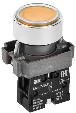 Кнопка LA167-BAF51 d=22мм 1з желтая IEK