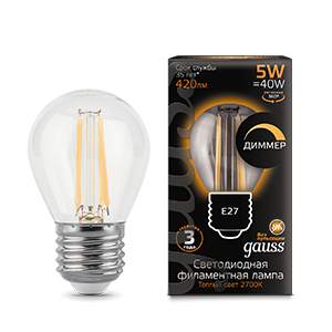 Лампа светодиодная LED 5 Вт 420 Лм 2700К теплая Е27 Шар диммируемая Filament Gauss