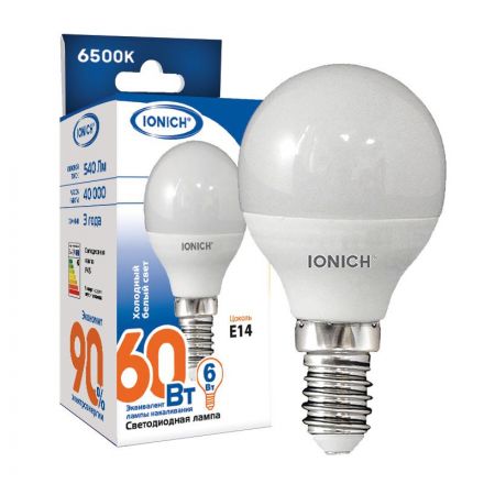 Лампа светодиодная LED 6w 6500К, E14, 540Лм, матовая, шар IONICH