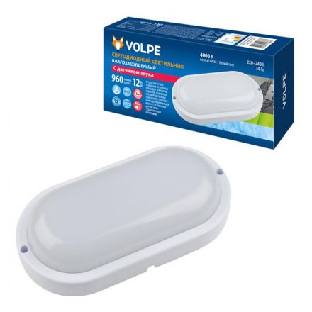 ULW-Q215 12W/4000K SENSOR IP65 WHITE Светильник светодиодный влагозащищенный, с датчиком звука. Овал. Белый свет (4000K). 960Лм. 178Х86мм. Корпус белый. ТМ Volpe