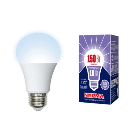 Лампа светодиодная LED-A60-16W/DW/E27/FR/NR Форма A, матовая. Серия Norma. Дневной белый свет (6500K). Картон. ТМ Volpe