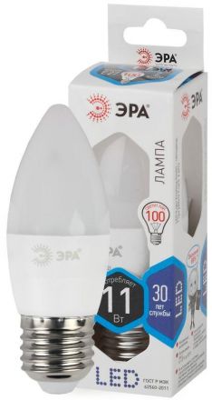 Лампа светодиодная LED B35-11W-840-E27  (диод, свеча, 11Вт, нейтр, E27) (10/100/4000) ЭРА