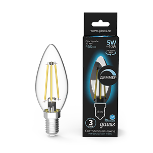 Лампа светодиодная LED 5 Вт 450 Лм 4100К белая Е14 Свеча диммируемая Filament Gauss