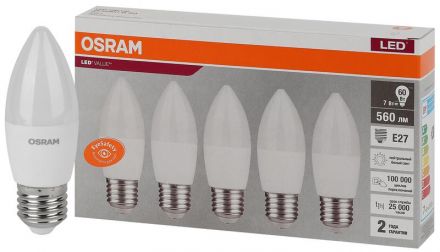 Лампа светодиодная LED 7 Вт E27 4000К 560Лм свеча 220 В (замена 60Вт) OSRAM
