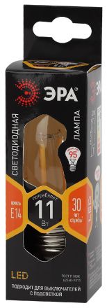 Лампа светодиодная F-LED B35-11w-827-E14  (филамент, свеча, 11Вт, тепл, E14) (10/100/5000) ЭРА