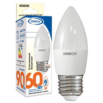 Лампа светодиодная LED 6w 4000К, E27, 540Лм, матовая свеча IONICH