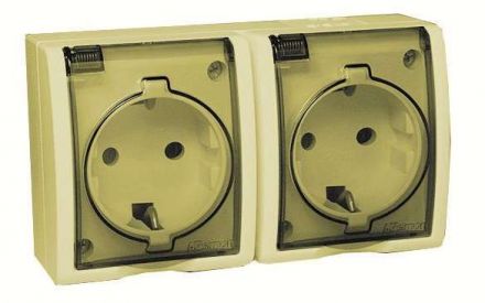 Simon15 Aqua Розетка двойная 2Р+Е Schuko с крышками полупр. IP54 16А 250В винтовой зажим S15A сл. кость