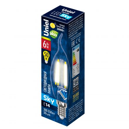 Лампа светодиодная LED 6вт 200-250В свеча на ветру прозрачное 500Лм Е14 4000К Uniel Sky филамент
