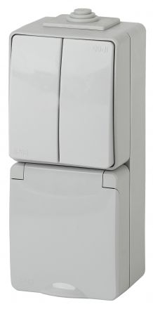 Блок розетка+выкл. двойн. верт. IP65, 16A(10AX)-250В, ОУ, Эра Эксперт, серый, 11-7608-03