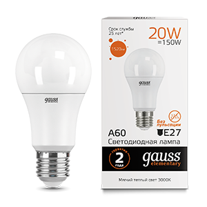 Лампа светодиодная LED 20 Вт 1520 Лм 3000К теплая E27 А60 Elementary Gauss