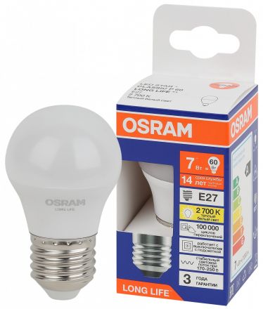 Лампа светодиодная LED 7Вт Е27 2700К 600Лм шар 220В (замена 60Вт) OSRAM