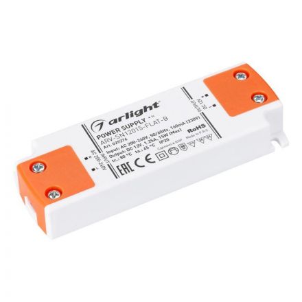 Блок питания ARV-SN12015-FLAT-B (12V, 1.25A, 15W) (ARL, IP20 Пластик, 3 года)