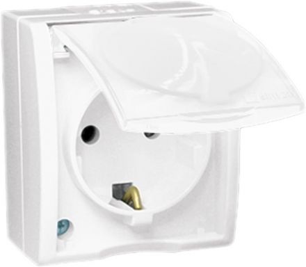 Simon15 Aqua Розетка 2Р+Е Schuko со шторками с крышкой полупр. IP54 16А 250В винтовой зажим S15A белый