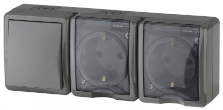 Блок две розетки+выключатель IP54, 16A(10AX)-250В, ОУ, Эра Эксперт, серый, 11-7403-03