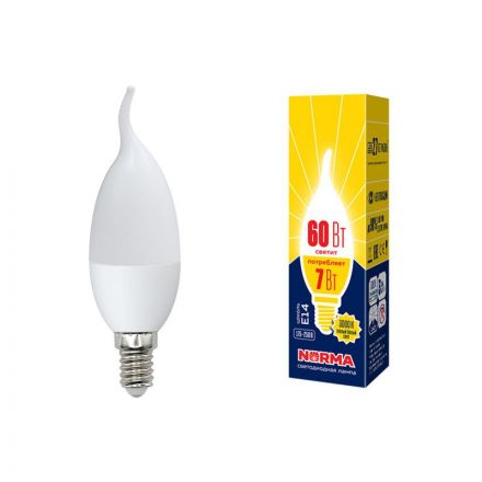 Лампа светодиодная LED-CW37-7W/NW/E14/FR/NR . Форма свеча на ветру, матовая. Серия Norma. Белый свет (4000K). Картон. ТМ Volpe