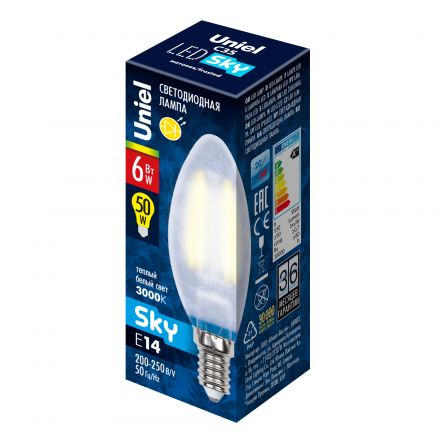 Лампа светодиодная LED 6вт 200-250В свеча матовое 500Лм Е14 3000К Uniel Sky филамент
