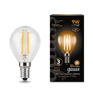 Лампа светодиодная LED 9 Вт 680 Лм 2700К теплая Е14 Шар Filament Gauss