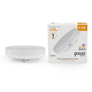 Лампа светодиодная LED 5.5 Вт420 Лм 3000К теплая GX53 таблетка Basic Gauss