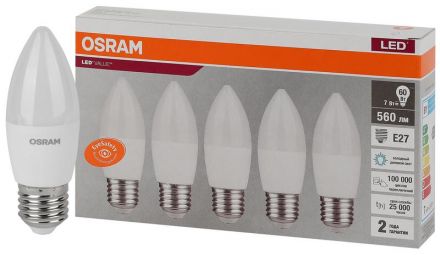 Лампа светодиодная LED 7 Вт E27 6500К 560Лм свеча 220 В (замена 60Вт) OSRAM