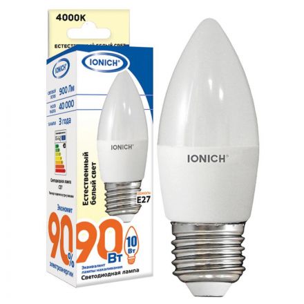 Лампа светодиодная LED 10w 4000К, E27, 900Лм, матовая свеча IONICH