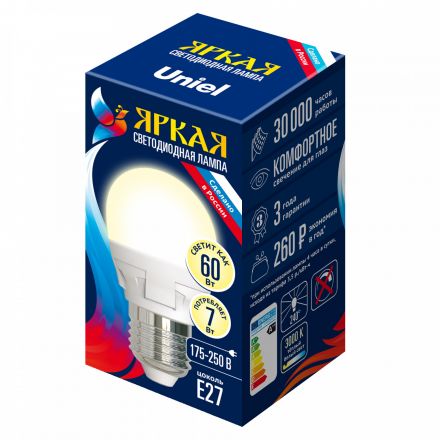 Лампа светодиодная LED 7вт 175-250В шар матовый 600Лм Е27 3000К Uniel ЯРКАЯ