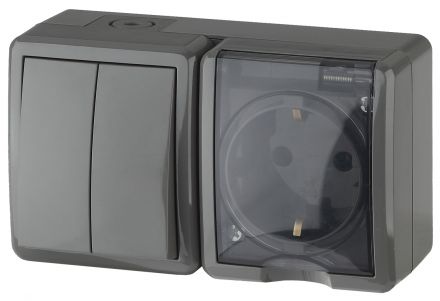Блок розетка+выключатель двойной IP54, 16A(10AX)-250В, ОУ, Эра Эксперт, серый, 11-7402-03
