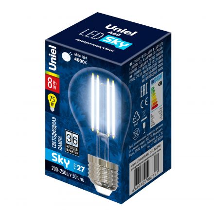 Лампа светодиодная LED 8вт 200-250В форма А прозрачное 800Лм E27 4000К Uniel Sky филамент