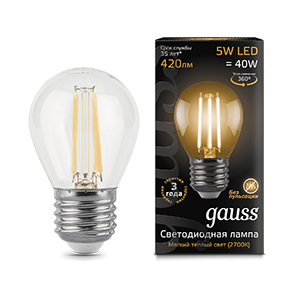 Лампа светодиодная LED 5 Вт 420 Лм 2700К теплая Е27 Шар Filament Gauss