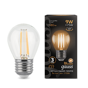 Лампа светодиодная LED 9 Вт 680 Лм 2700К теплая Е27 Шар Filament Gauss