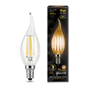 Лампа светодиодная LED 9 Вт 680 Лм 2700К теплая Е14 Свеча на ветру Filament Gauss