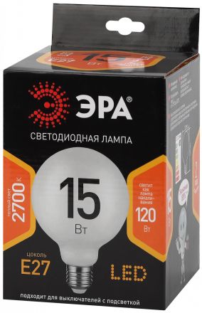 Лампа светодиодная F-LED G125-15w-827-E27 OPAL  (филамент, шар опал, 15Вт, тепл, E27) (20/240) ЭРА