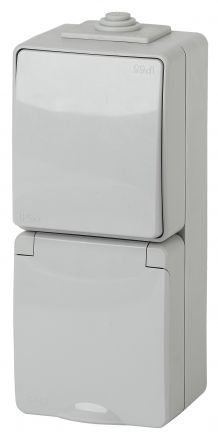 Блок розетка+выкл. верт. IP65, 16A(10AX)-250В, ОУ, Эра Эксперт, серый, 11-7607-03