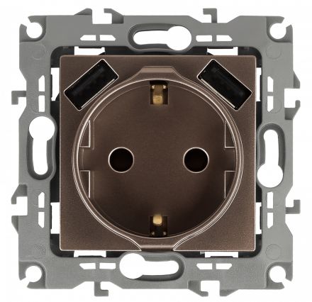 Розетка 2P+E 16A-250В, штор. с 2xUSB 5В-3А, Эра12, бронза (10/100/2000) 12-4109-13 ЭРА