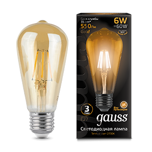 Лампа светодиодная LED 6 Вт 550 Лм 2400К теплая E27 ST64 golden Filament Gauss