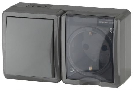 Блок розетка+выключатель IP54, 16A(10AX)-250В, ОУ, Эра Эксперт, серый, 11-7401-03