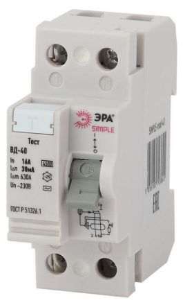 SIMPLE-mod-41 ЭРА SIMPLE Устройство защитного отключения УЗО ВД-40 2P 16А/30мА (электронное)