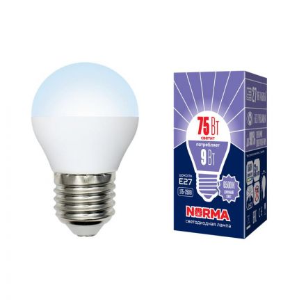 Лампа светодиодная LED-G45-9W/DW/E27/FR/NR Форма шар, матовая. Серия Norma. Дневной белый свет (6500K). Картон. ТМ Volpe
