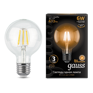 Лампа светодиодная LED 6 Вт 630 Лм 2700К теплая Е27 G95 Filament Gauss