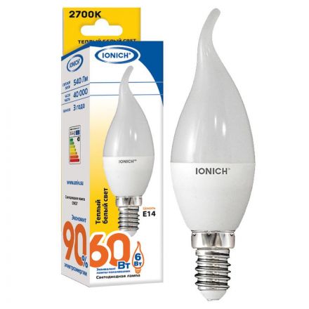 Лампа светодиодная LED 6w 2700К, E14, 540Лм, свечана ветру IONICH