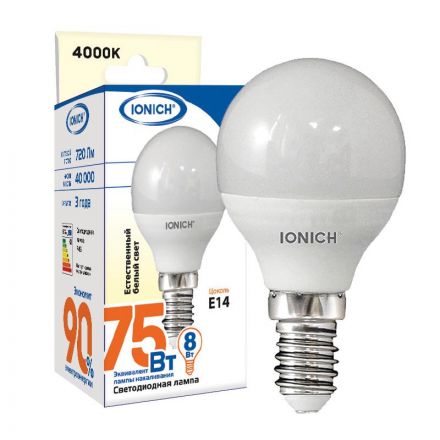 Лампа светодиодная LED 8w 4000К, E14, 720Лм, матовая, шар IONICH