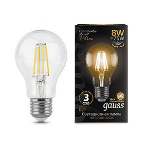 Лампа светодиодная LED 8 Вт 740 Лм 2700К теплая Е27 А60 Filament Gauss