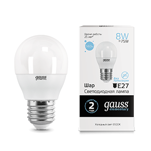 Лампа светодиодная LED 8 Вт 560 Лм 6500К холодная Е27 Шар Elementary Gauss