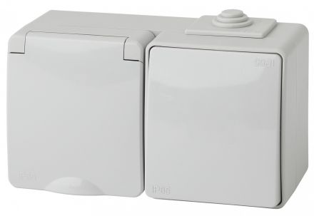 Блок розетка+выкл. гориз. IP65, 16A(10AX)-250В, ОУ, Эра Эксперт, серый, 11-7601-03