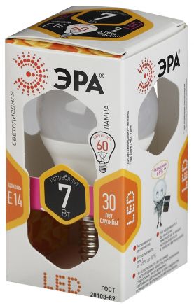 Лампа светодиодная LED P45-7W-827-E14 (диод, шар, 7Вт, тепл, E14, (10/100/3600) ЭРА
