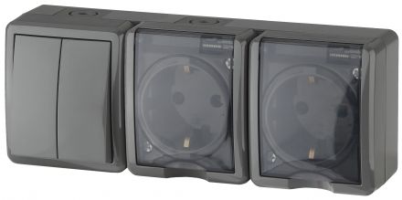Блок две розетки+выключатель двойной IP54, 16A(10AX)-250В, ОУ, Эра Эксперт, серый, 11-7404-03