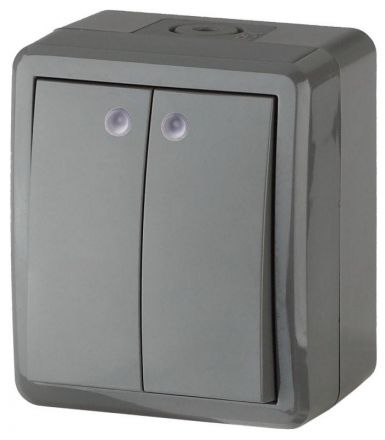 Выключатель двойной с подсветкой IP54, 10АХ-250В, ОУ, Эра Эксперт, серый,11-1405-03