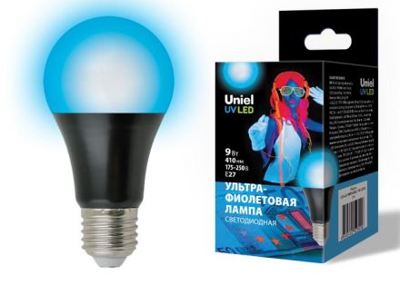 Лампа светодиодная ультрафиолетовая для дискотек LED-A60-9W/UVAD/E27/FR PLZ07BK Спектр UVA 410нм Картон