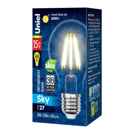 LED-A70-15W/3000K/E27/CL PLS02WH Лампа светодиодная. Форма ''A'', прозрачная. Серия Sky. Теплый белый свет (3000K). Картон. ТМ Uniel.''