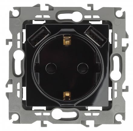 Розетка 2P+E 16A-250В, штор. с 2xUSB 5В-3А, Эра12, чёрный (10/100/2000) 12-4109-06 ЭРА