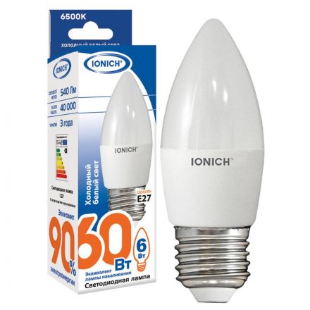 Лампа светодиодная LED 6w 6500К, E27, 540Лм, матовая свеча IONICH